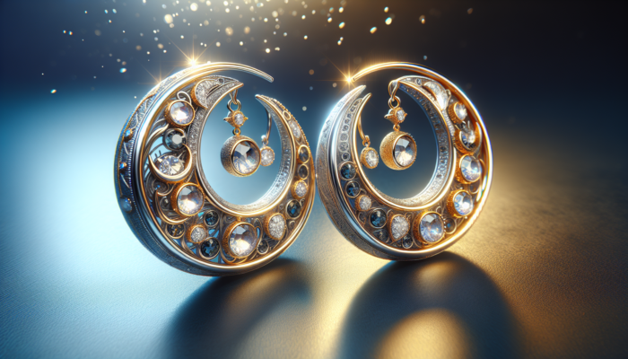 Witchy Jewelry Trends: Elegant crescent earrings shimmering under a full moon, crafted in silver and gold with sparkling gemstones.