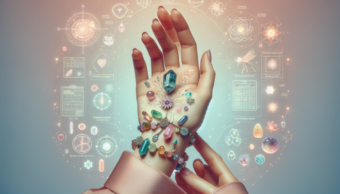 Delicate bracelet with colorful healing crystals on a woman's hand, soft pastel background with an ethereal glow.