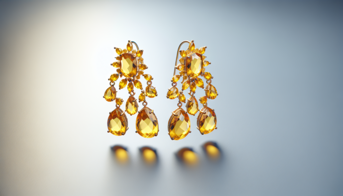 Radiant yellow citrine earrings in gold, from simple studs to chandelier designs, symbolizing abundance and boosting vitality.