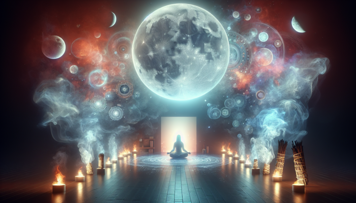 Full Moon Rituals: A serene room with moonlight, smoke from sage and palo santo, and a meditating person surrounded by positive energy.
