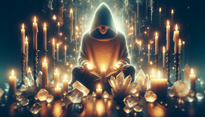 A person surrounded by candles and crystals, focusing on manifestation through ancient rituals.