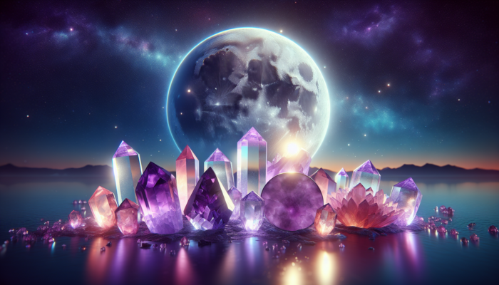Crystals absorbing lunar energy under the full moon's glow to enhance their mystical properties.