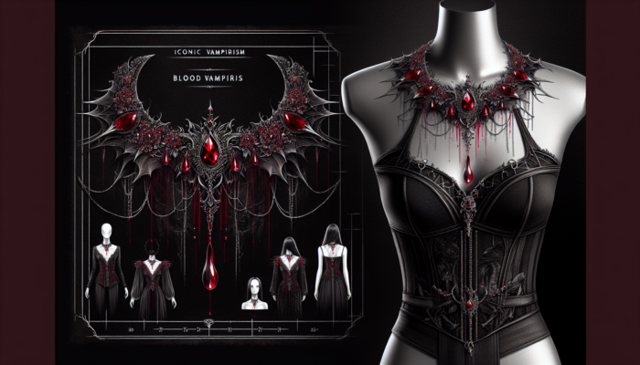 Iconic vampire-themed fashion with bold, edgy designs, featuring the "Blood Countess" necklace inspired by gothic vampirism.