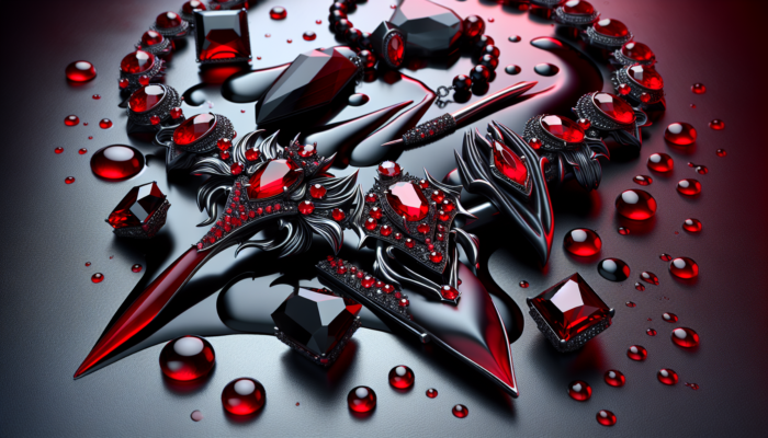 Vampire-themed jewelry with red rubies, garnets, and black onyx, symbolizing blood and mystery.