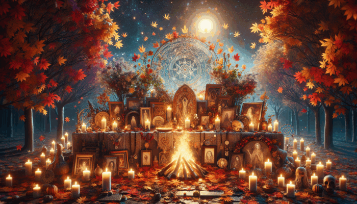 Wiccan Wheel of the Year: Wiccan altar with photos and mementos for departed loved ones, surrounded by autumn leaves and bonfire on Samhain night.
