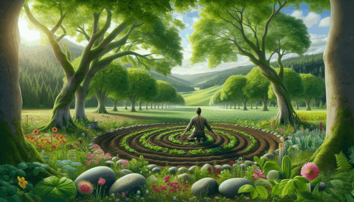 Four Elements in Wicca: A serene landscape with a person touching the earth, surrounded by stones and blooming flowers, symbolizing fertility and grounding.