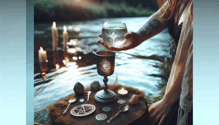 A Wiccan ritual by a river with a chalice for purification, enhancing emotional healing and intuition.