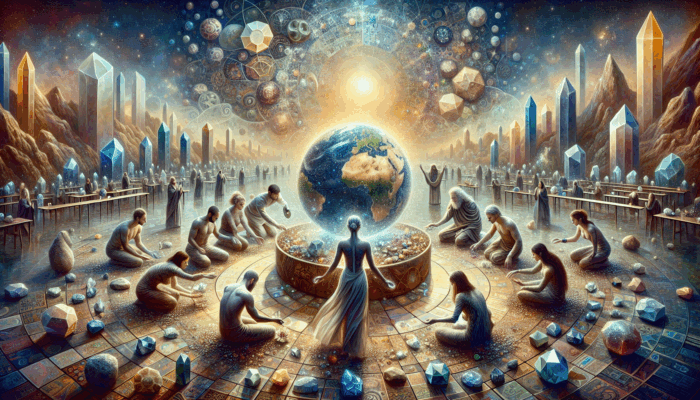 A serene ritual scene with participants using soil and stones for grounding, surrounded by crystals on an altar.
