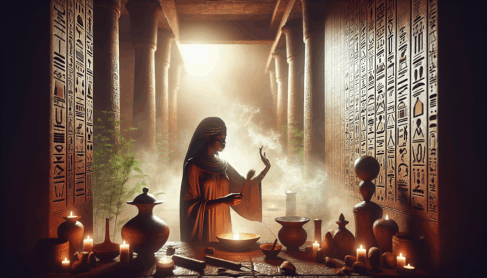 An ancient Egyptian priestess performing a mystical ritual with sacred herbs in a temple.