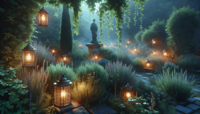 A mystical garden at twilight with herbs like mugwort, sage, mandrake, and ancient stone statues.