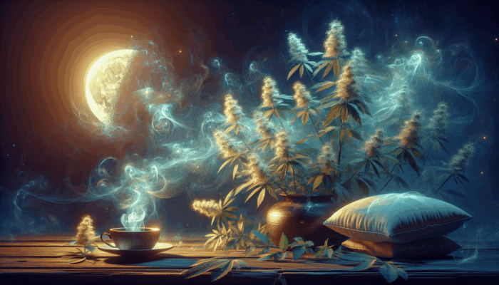 Mugwort plants glowing under a full moon, with dream pillows and tea, surrounded by ethereal visions.