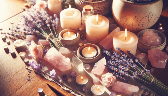 white magic new beginnings: A serene altar with lavender, rose quartz, and candles, symbolizing peace and spiritual growth in white magic.