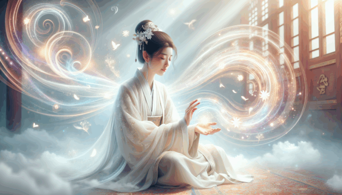 A white magic practitioner visualizing a new loving relationship, surrounded by soft light and joy.
