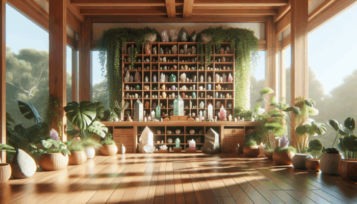 A serene spiritual space featuring wooden altars, shelves with stones and crystals, and lush plants in soft natural light.