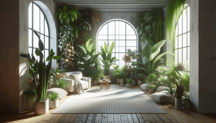 Optimal Spiritual Decor: A serene indoor space with peace lilies and snake plants, enhancing tranquility and mindfulness.