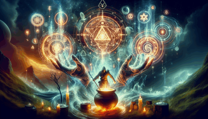 Magic Healing Spells: Glowing hands, bubbling potions, illuminating runes, and a serene aura healing a warrior in a fantasy landscape.