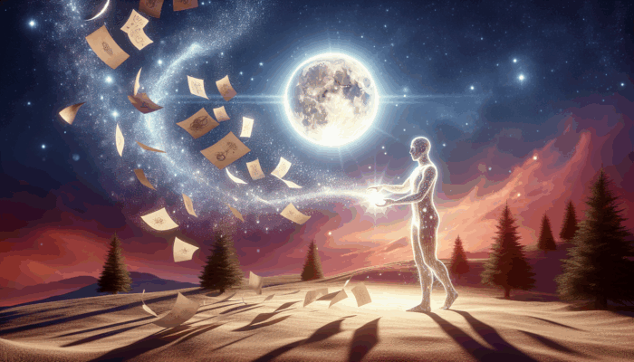 A person under a full moon casting a white magic spell, writing intentions on biodegradable paper carried away by wind for spiritual renewal.