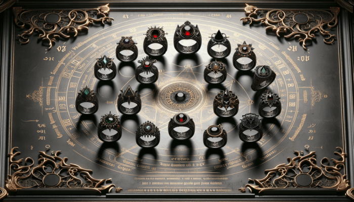 Gothic rings with intricate designs, dark gemstones, and mysterious symbols in a dimly lit, ornate setting.