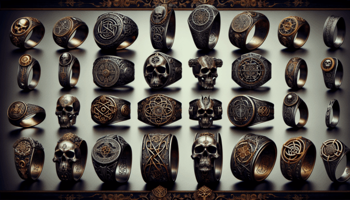 Gothic rings with skulls symbolizing mortality and resilience, adorned with diverse cultural motifs on a dark, ornate background.