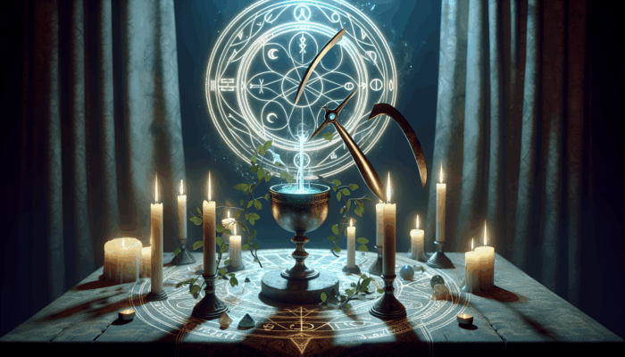 Wiccan Tools: A Wiccan altar with an athame, chalice, candles, and elemental symbols enhancing spiritual focus.