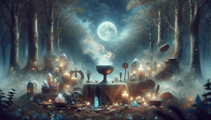 Wiccan altar in moonlit forest with tools like chalice, athame, and crystals being cleansed with water and sage smoke.