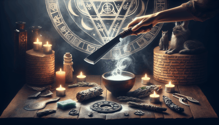 Athame being cleansed with saltwater and sage smoke, surrounded by mystical symbols and candles.