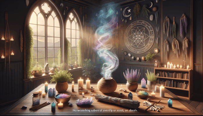 A serene Wiccan room with vibrant energy, purified by sage smoke, surrounded by herbs and crystals.