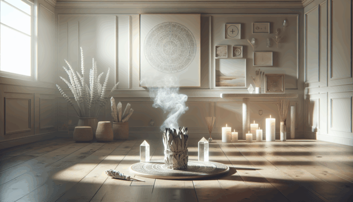 Wiccan altar with burning sage, quartz crystals, and frankincense smoke for space cleansing.