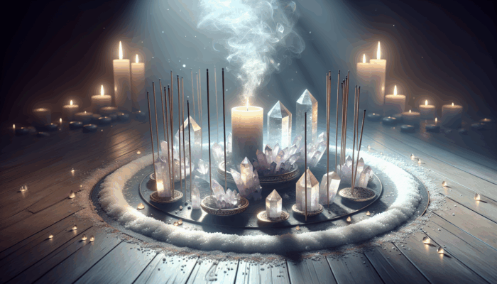 Crystals under moonlight and incense with blessed smoke, surrounded by salt, for a powerful cleansing ritual.