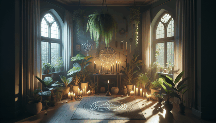 Wiccan altar: A serene Wiccan altar in a home corner, with candles, plants, and mystical symbols, creating a spiritual sanctuary.