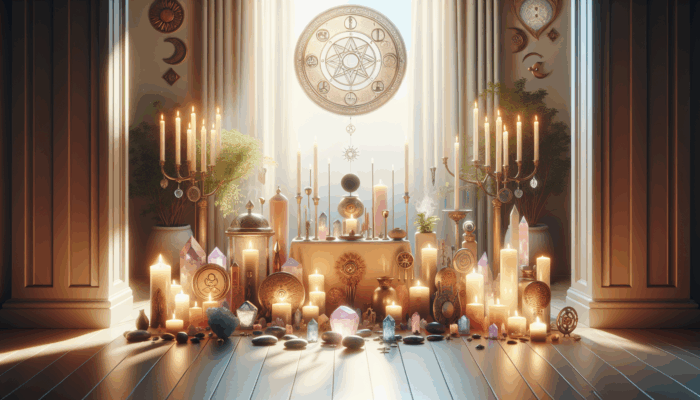 A serene altar with candles, incense, crystals, and sacred symbols in a softly lit room.