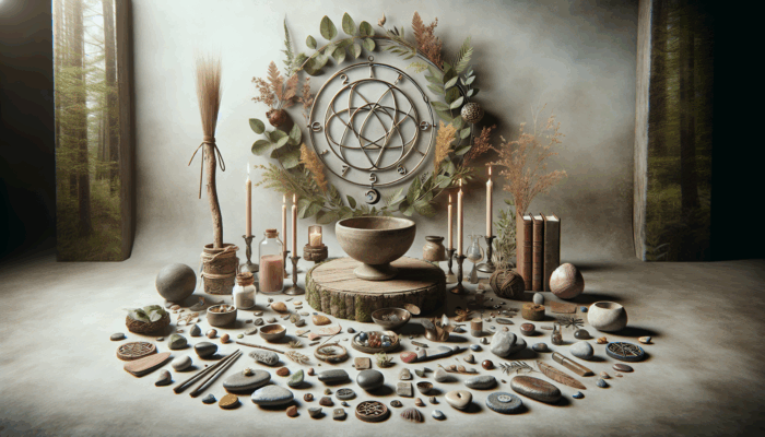 A rustic Wiccan altar with budget-friendly items like a bowl chalice, stick wand, and natural elements.