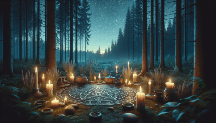 A serene forest clearing at twilight with a pentacle altar, candles, and herbs, under a starry sky.