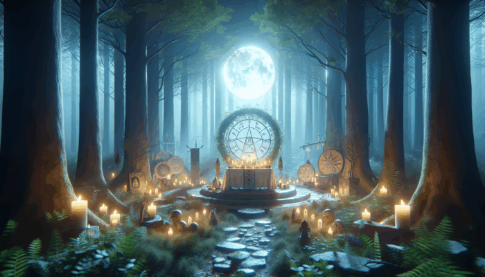 A Wiccan ritual in a forest clearing with an altar under a full moon, surrounded by flowing energies.