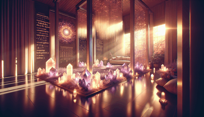 Crystals in Home Decor: Sunlit room with quartz and amethyst crystals creating a soft, ethereal glow and elegant ambiance.
