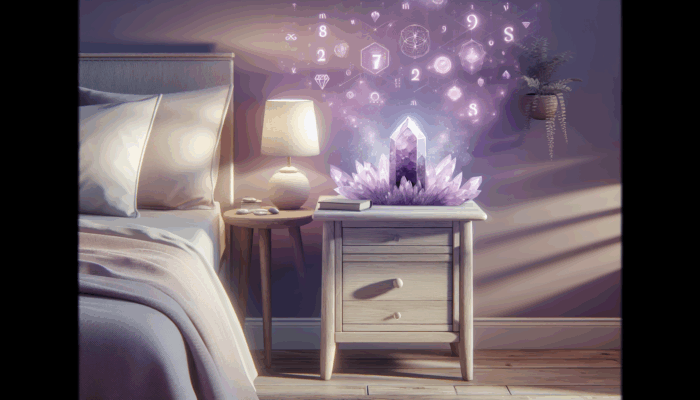 Amethyst crystals on a nightstand in a serene bedroom, emitting a calming purple glow for stress relief.