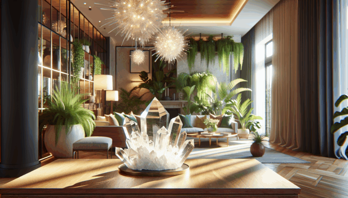 Clear quartz cluster on wooden table, enhancing living room's positive atmosphere with vibrant energy and light.