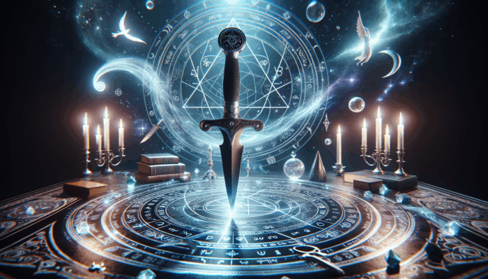 Wiccan Altar Decor: Black-handled athame with double-edged blade on Wiccan altar, surrounded by mystical energy and spirits, symbolizing balance.