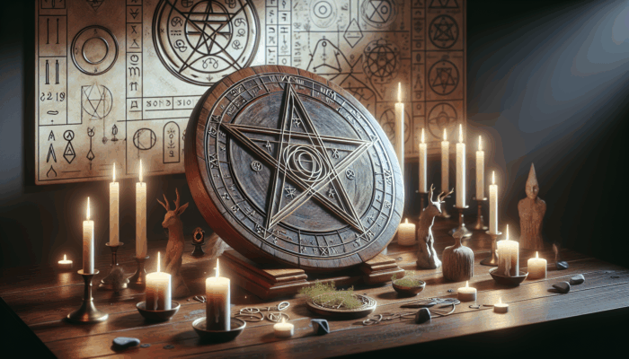 A detailed Wiccan pentacle on a wooden altar, surrounded by candles and elemental symbols, glowing softly.