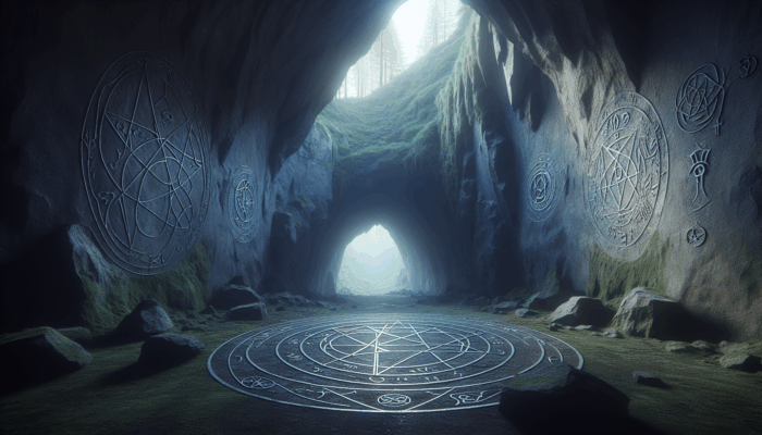 Wiccan Wall Art: A mystical cave with ancient Wiccan symbols, including the pentacle, surrounded by natural elements.