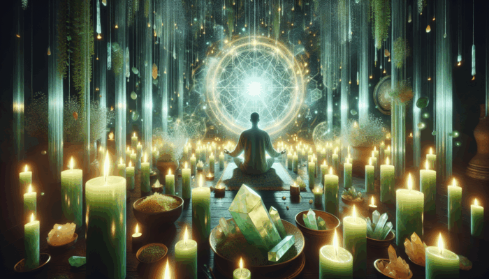 A practitioner using green candles, citrine crystals, and herbs to channel abundance and prosperity.