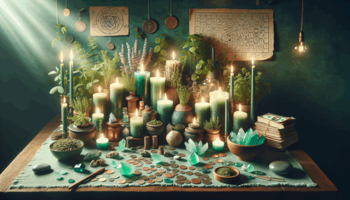 A mystical altar with green candles, herbs, crystals, and personal talismans like coins and dollar bills, arranged to enhance abundance rituals.