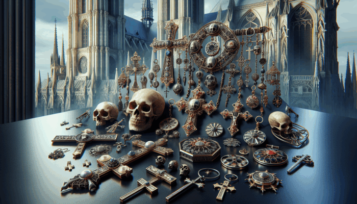 Gothic Jewelry Symbolism: Intricate medieval gothic jewelry with crosses and skulls, symbolizing deep spirituality and culture.