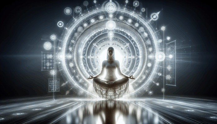 White Magic Mirror Spell: A person meditating before a glowing mirror, surrounded by white light and symbols, reflecting inner thoughts for spiritual growth.