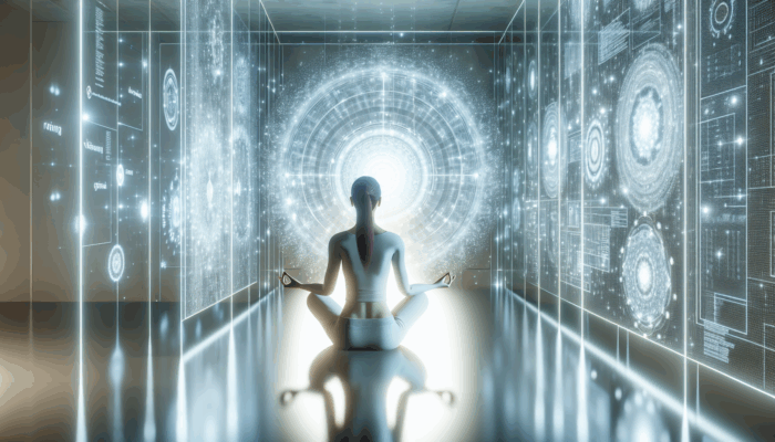 A person meditating before a glowing white mirror, surrounded by symbols of clarity, self-love, and protection.