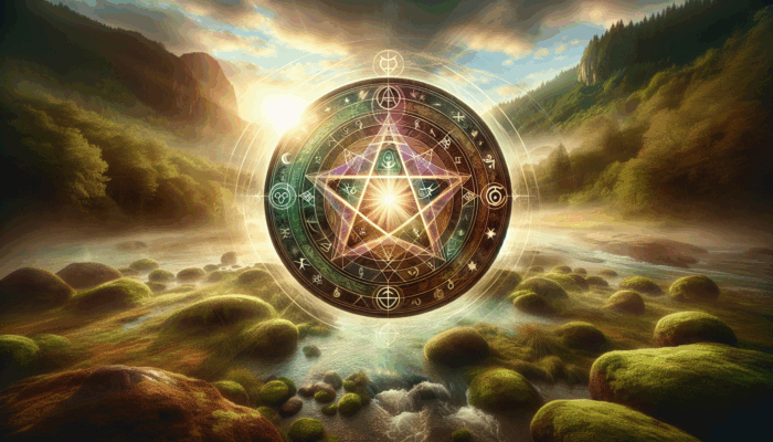 Wiccan Symbols Meanings: A glowing pentacle with protective symbols, surrounded by nature and Wiccan elements, symbolizing balance and spiritual grounding.