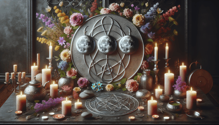 A Wiccan altar with the triple moon symbol in silver, candles, and flowers, representing femininity and life's cycles.