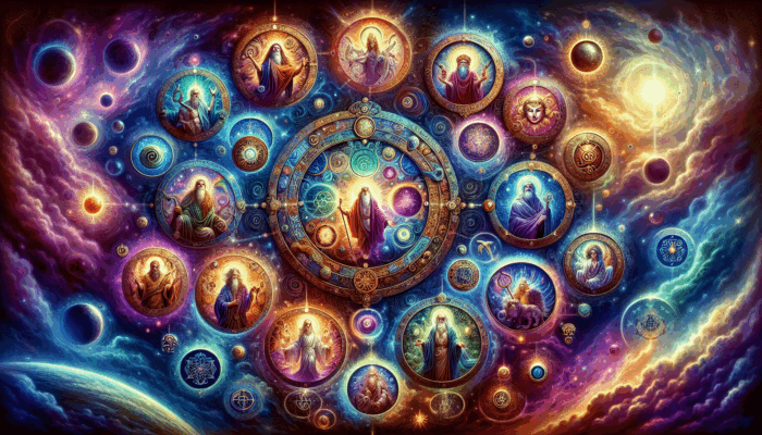 A vibrant tapestry showing deities in their roles with symbols, cosmic backdrop, and mystical energy.