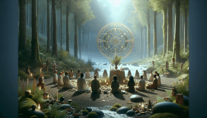 Wiccan ritual in forest, honoring earth and water deities with offerings on altar, surrounded by streams and greenery.