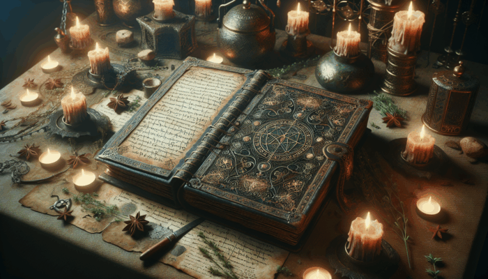 How to Use a Book of Shadows: An ornate, ancient leather-bound book on an altar, filled with handwritten Wiccan spells and rituals.